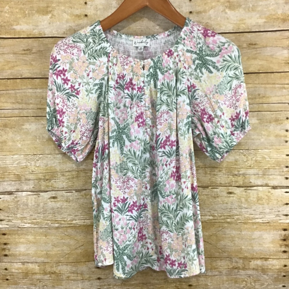 Wonderly Womens Floral Puff Sleeveβ Smocked Blouse Pink Green White Medium